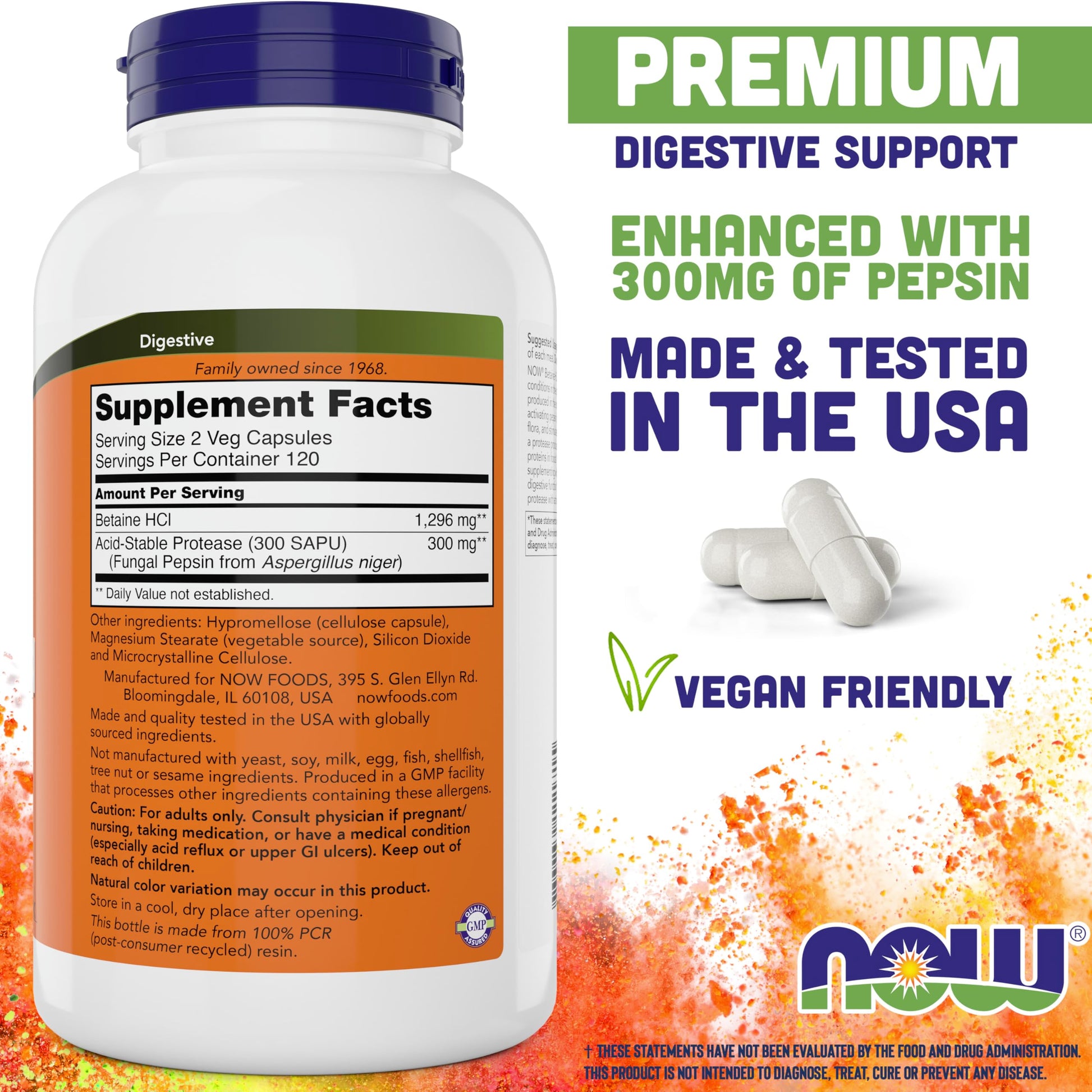 NOW Foods Supplements, Betaine HCl 648 mg, Vegetarian Formula, Digestive Support*, 120 Veg Capsules - Nirvana Guru