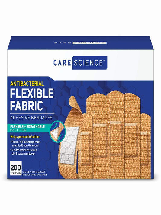 Care Science Fabric Adhesive Bandages, 200 ct Bulk Assorted Sizes | FSA HSA Eligible | Flexible + Breathable Protection for First Aid and Wound Care