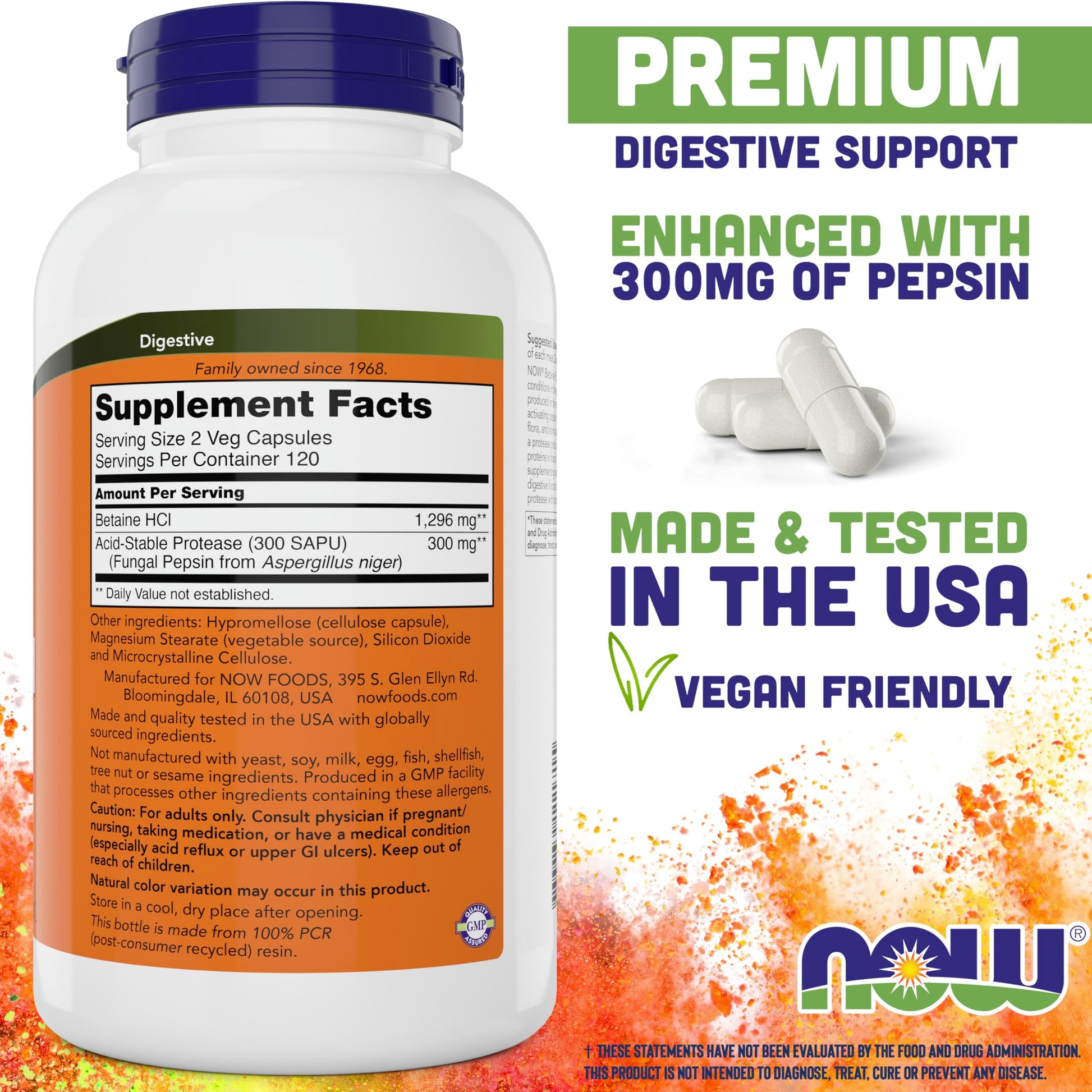NOW Foods Supplements, Betaine HCl 648 mg, Vegetarian Formula, Digestive Support*, 120 Veg Capsules - Nirvana Guru