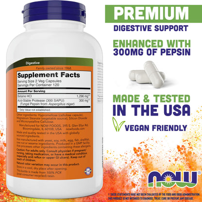 NOW Foods Supplements, Betaine HCl 648 mg, Vegetarian Formula, Digestive Support*, 120 Veg Capsules - Nirvana Guru
