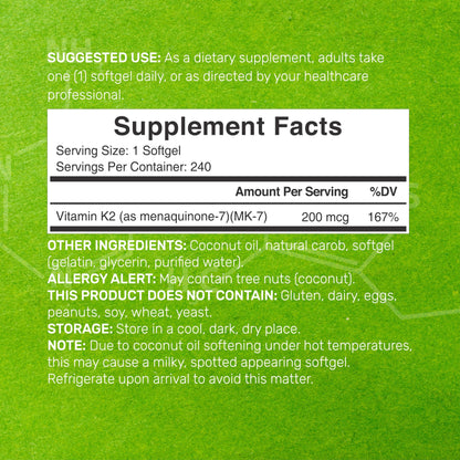 DEAL SUPPLEMENT Vitamin K2 MK-7 200mcg Per Serving, 240 Coconut Oil Softgels | Easily Absorbed Menaquinone-7 Form | Bone, Joint, & Immune Support – Non-GMO Nirvana Guru