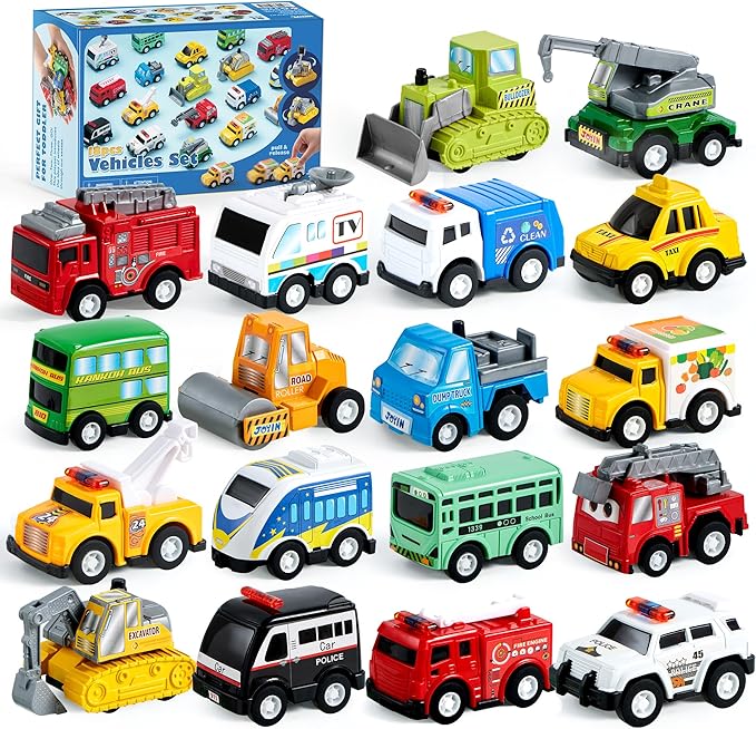 JOYIN 18 Pcs Pull Back City Cars and Trucks Toy Vehicles Set, Friction Powered Cars Toys for Toddlers, Boys, Girls’ Educational Play, Kids Stocking Stuffers, Treasure Box Gifts for Classroom nirvanaguru