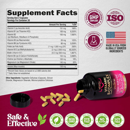 Vitamin B Complex for Men & Women - Made in USA - B-Complex: B1, B2, B3, B5, B6, B7, B8, B9, B12 with Vitamin C, Choline, Inositol - Energy, Brain & Heart Support Supplement, 60 Vegan Capsules Nirvana Guru