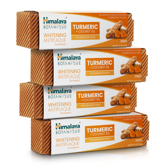 Himalaya Botanique Turmeric & Coconut Oil Whitening Antiplaque Herbal Toothpaste, Whitens Teeth, Fluoride Free, No Artificial Flavors, SLS Free, Vegan, Cruelty Free, Foaming, Mint Flavor, 4 Oz, 1 Pack - Nirvana Guru