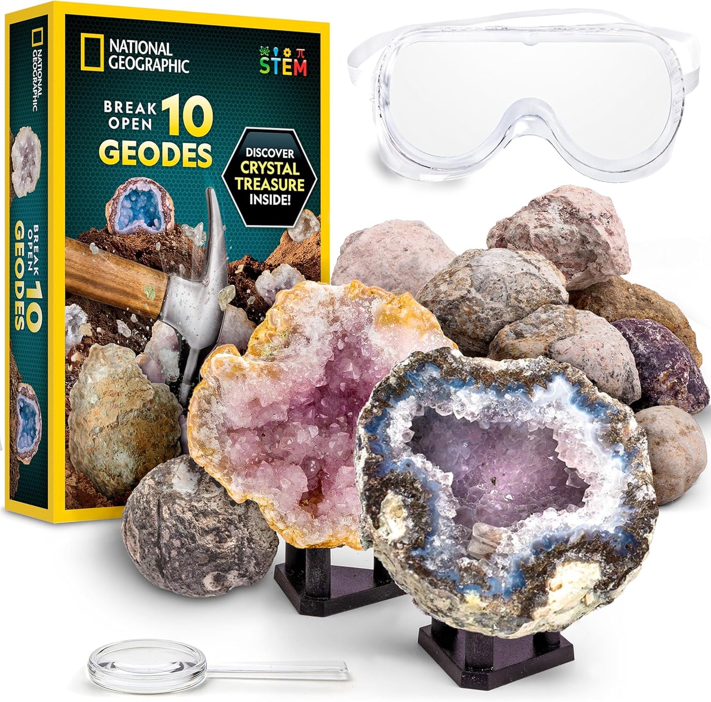 National Geographic Break Open 10 Premium Geodes – Includes Goggles & 2 Display Stands - Great STEM Science Kit, Geology Gift for Kids, Break Your Own Geodes with Crystals Nirvana Guru
