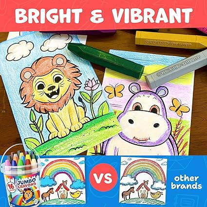Jumbo Crayons For Toddlers 1-3 - 16pc Toddler Crayons For Kids Ages 4-8 1-3 2-4 - With Printed & PDF Crayon Color Sheets - Non Toxic, Washable, Large & Easy To Grip - Toddler Coloring Art Supplies nirvanaguru