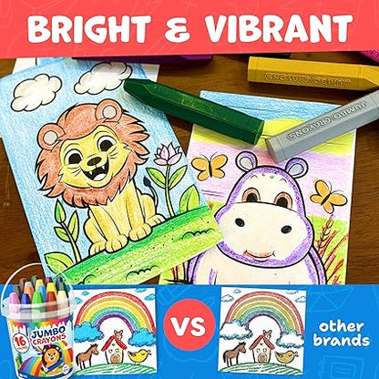 Jumbo Crayons For Toddlers 1-3 - 16pc Toddler Crayons For Kids Ages 4-8 1-3 2-4 - With Printed & PDF Crayon Color Sheets - Non Toxic, Washable, Large & Easy To Grip - Toddler Coloring Art Supplies nirvanaguru