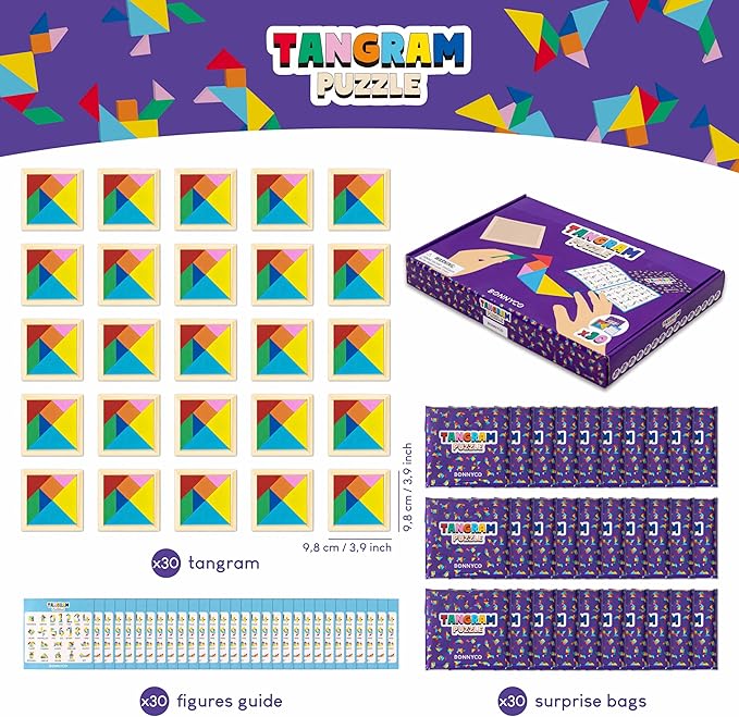 Tangram Puzzle Wooden Pack 30 Kids Party Favors - BONNYCO | Goodie Bags Stuffers for Kids 3-5 4-8, Return Gifts for Birthday Party Goody Bag Stuffers | Pinata Filler Toys Bulk Classroom Prizes Rewards nirvanaguru
