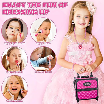 99 Pcs Kids Makeup Kit for Girls, Princess Toys Real Washable Cosmetics Set with Mirror, Hair Ties, Nails, Rings, Earrings, Necklace, Perfect for 3 4 5 6 7 8 Year Old Girls Birthday Nirvana Guru