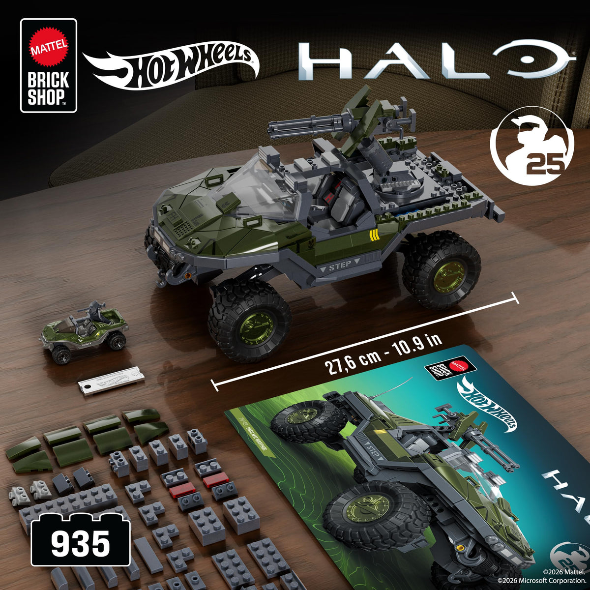 Mattel Brick Shop Hot Wheels Elite Series Halo Building Set, UNSC M12 Warthog with 935 Pieces, Realistic Details and Custom Decals, Adult Collectors