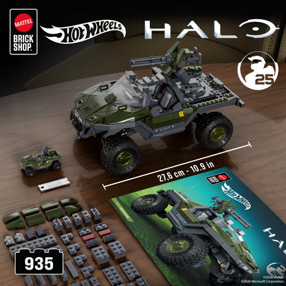 Mattel Brick Shop Hot Wheels Elite Series Halo Building Set, UNSC M12 Warthog with 935 Pieces, Realistic Details and Custom Decals, Adult Collectors