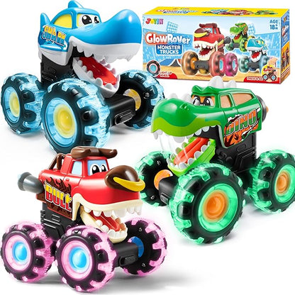JOYIN 3 Pack Monster Truck Toy - Motion Activated Light-Up Cars for Toddlers - Monster Treads Lightning Wheels - Baby Toy Trucks - Press & Go Cars for Kids Boys Birthday Gifts for Christmas nirvanaguru