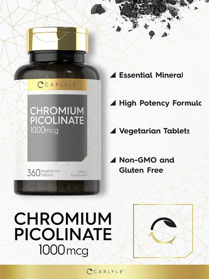 Carlyle Ultra Chromium Picolinate 1000mcg | 360 Tablets | Vegetarian, Non-GMO, Gluten Free Nirvana Guru