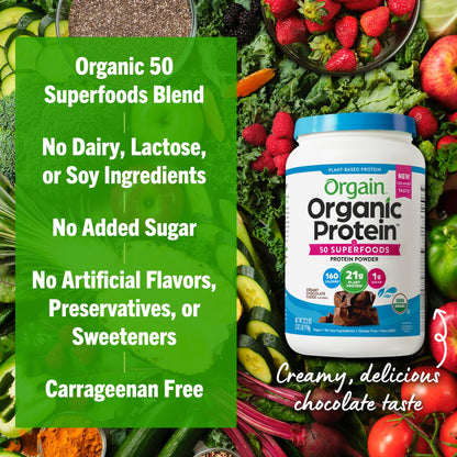 Orgain Organic Vegan Protein + 50 Superfoods Powder, Vanilla Bean - 21g Plant Based Protein, 8g Prebiotic Fiber, No Lactose Ingredients, Gluten Free, No Added Sugar, Non-GMO, 2.02 lb