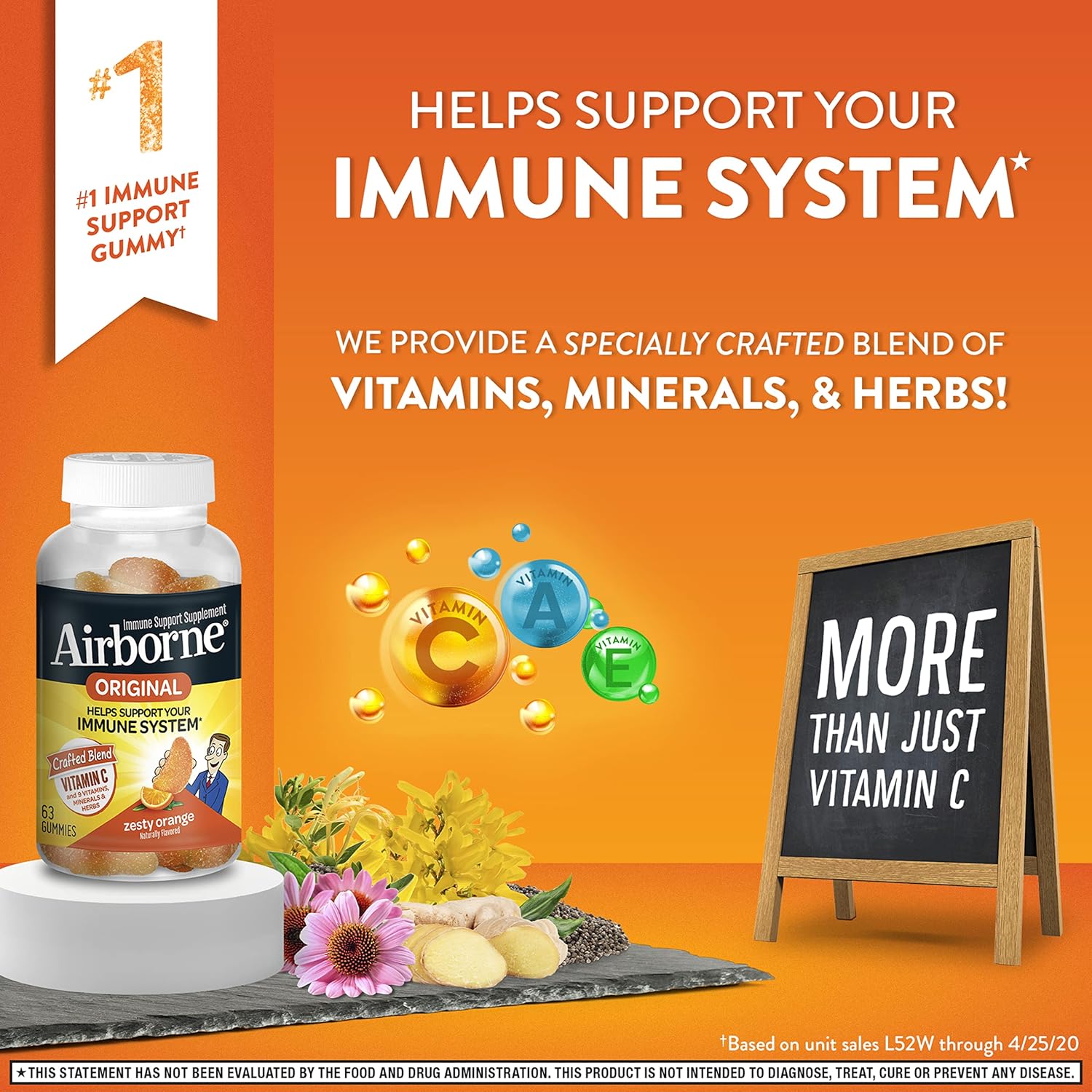 Airborne Vitamin C 750mg (per Serving) Zesty Orange Flavored Gummies (63 Count in a Bottle), Gluten-Free Immune Support Supplement with Vitamins A C E, Selenium, Echinacea & Ginger Nirvana Guru