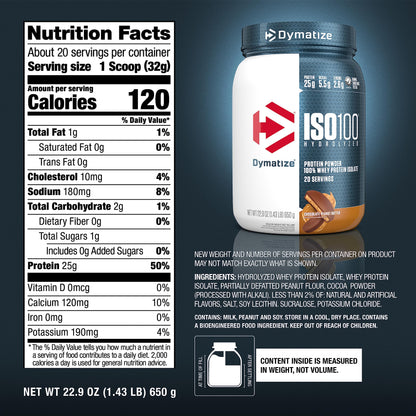 Dymatize ISO100 Whey Protein Powder Isolate, Gourmet Chocolate, 25g of Protein, 20 Servings, 5.5g BCAAs, Less Than 120 Cal., Gluten Free, 1g Fat, 1g Sugar, 2g Carb