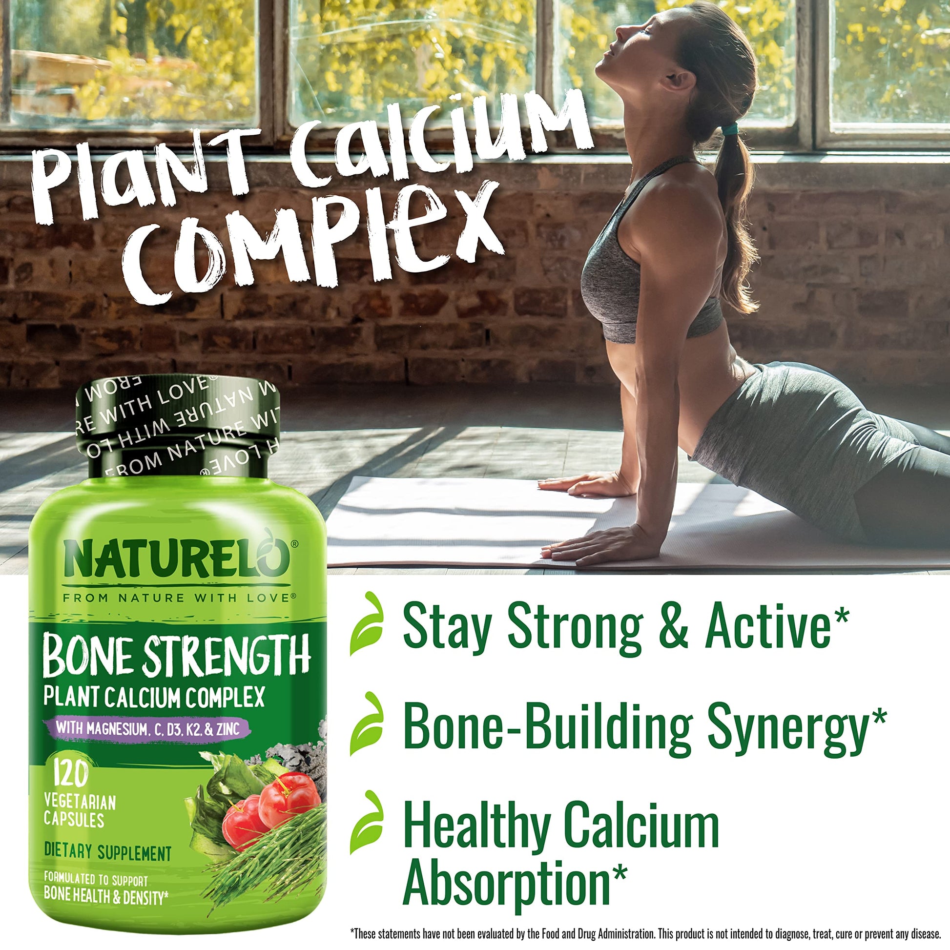 NATURELO Calcium Supplement - with Vitamin C, Vitamin D3, K2, and Calcium Magnesium Zinc for Bone Strength with Calcium 600mg - Plant-Based, 120 Vegetarian Capsules, Non-GMO, Soy & Gluten-Free Nirvana Guru