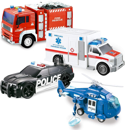 JOYIN 4 Packs Emergency Vehicle Toy Playsets, Friction Powered Vehicles with Light and Sound, Including Fire Truck, Ambulance, Play Police Car and Helicopter, Christmas Toddler Kids Boys Gifts Nirvana Guru