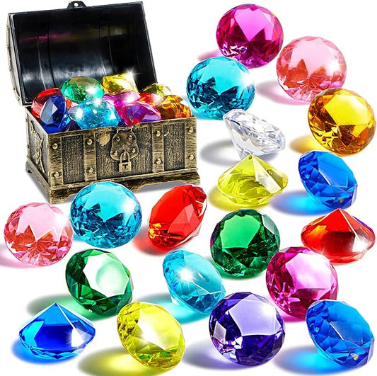 Sloosh Diving Gems Pool Toys, 16 Big Colorful Diamond with Pirate Treasure Chest,Swim Dive Toy for Kids Underwater Gemstone Swimming Training Gift Water Pool Games(Gold) nirvanaguru