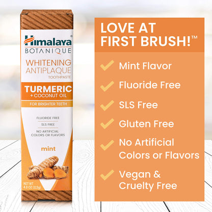 Himalaya Botanique Turmeric & Coconut Oil Whitening Antiplaque Herbal Toothpaste, Whitens Teeth, Fluoride Free, No Artificial Flavors, SLS Free, Vegan, Cruelty Free, Foaming, Mint Flavor, 4 Oz, 1 Pack - Nirvana Guru