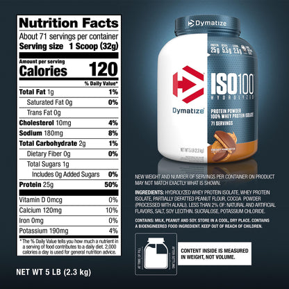 Dymatize ISO100 Whey Protein Powder Isolate, Gourmet Chocolate, 25g of Protein, 20 Servings, 5.5g BCAAs, Less Than 120 Cal., Gluten Free, 1g Fat, 1g Sugar, 2g Carb