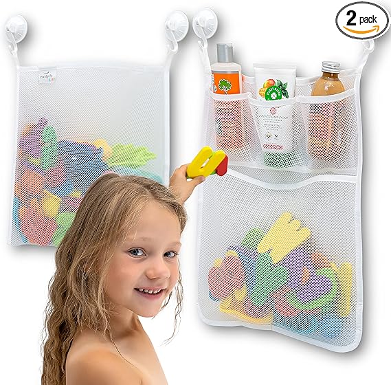 2 x Mesh Bath Toy Organizer + 8 Ultra Strong Hooks – The Perfect Bathtub Toy Holder & Bathroom or Shower Caddy – These Multi-use Net Bags Make Baby Bath Toy Storage Easy – For Kids & Toddlers nirvanaguru