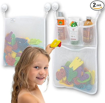 2 x Mesh Bath Toy Organizer + 8 Ultra Strong Hooks – The Perfect Bathtub Toy Holder & Bathroom or Shower Caddy – These Multi-use Net Bags Make Baby Bath Toy Storage Easy – For Kids & Toddlers nirvanaguru