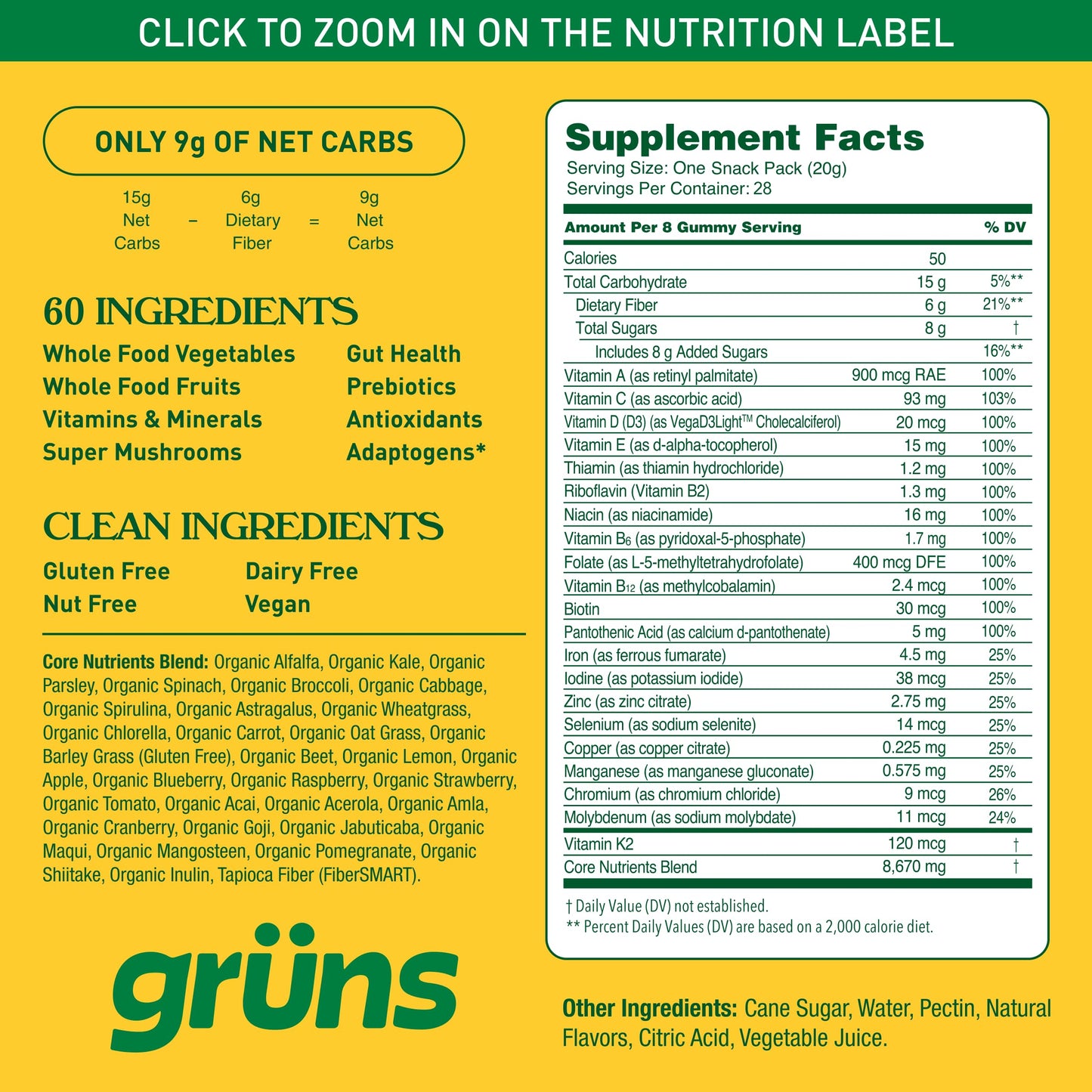 Gruns Adults Super Greens Gummies, Multivitamin Superfood Gummy Bears with Spirulina, Chlorella, Prebiotics & Fiber for Digestive Health, Adaptogens Supplement with 20 Vitamins & Minerals, 28 Count