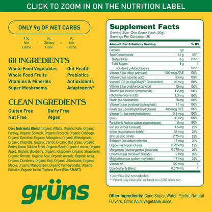 Gruns Adults Super Greens Gummies, Multivitamin Superfood Gummy Bears with Spirulina, Chlorella, Prebiotics & Fiber for Digestive Health, Adaptogens Supplement with 20 Vitamins & Minerals, 28 Count