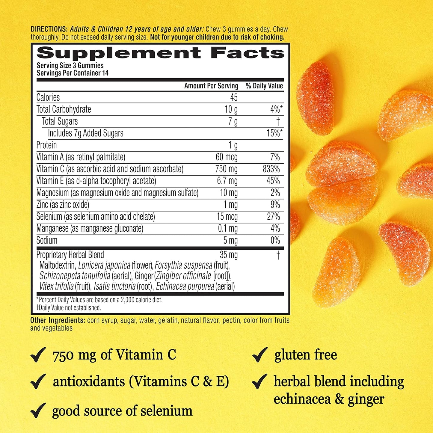 Airborne Vitamin C 750mg (per Serving) Zesty Orange Flavored Gummies (42 Count in a Bottle), Gluten-Free Immune Support Supplement with Vitamins A C E, Selenium, Echinacea, Ginger, Antioxidant Nirvana Guru