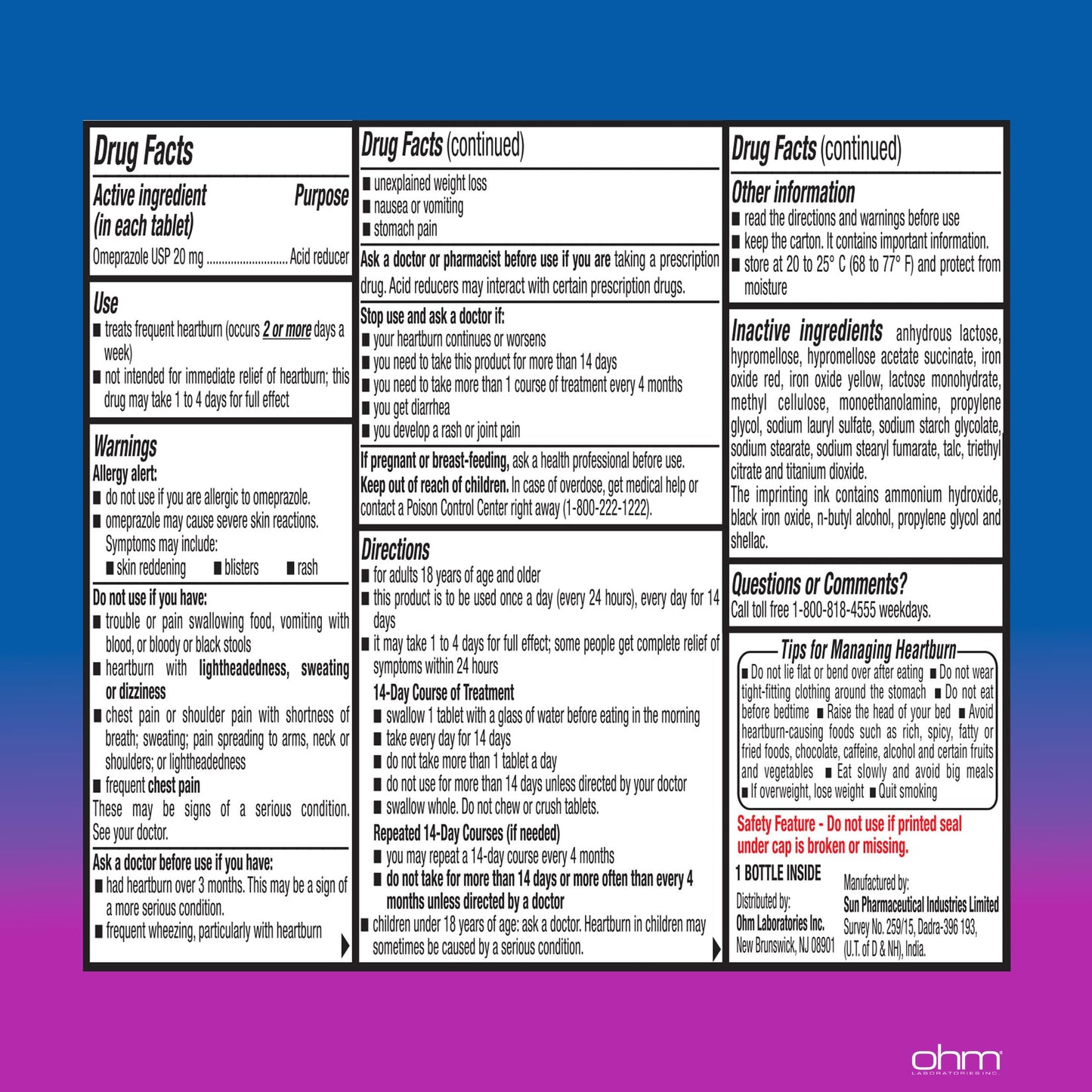 Ohm Omeprazole Delayed-Release Tablets, 20mg Acid Reducer, Treats Frequent Heartburn (2 Weeks of Supply, 14, Count)