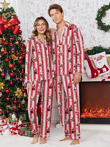 Ekouaer Christmas Family Matching Pajamas Long Sleeve Button Down Pj Set Festival Party Sleepwear nirvanaguru