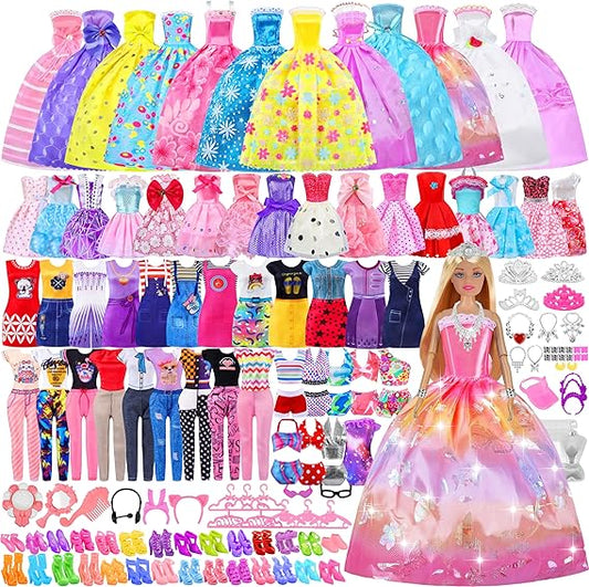 135 Pcs Doll Clothes and Accessories with Doll, Princess Gowns, Fashion Dresses, Slip Dresses, Top, Pants, Jumpsuit, Swimsuits, Shoes, Hangers, Doll Dress up Toys for Girls Kids Toddlers Toy Gifts nirvanaguru