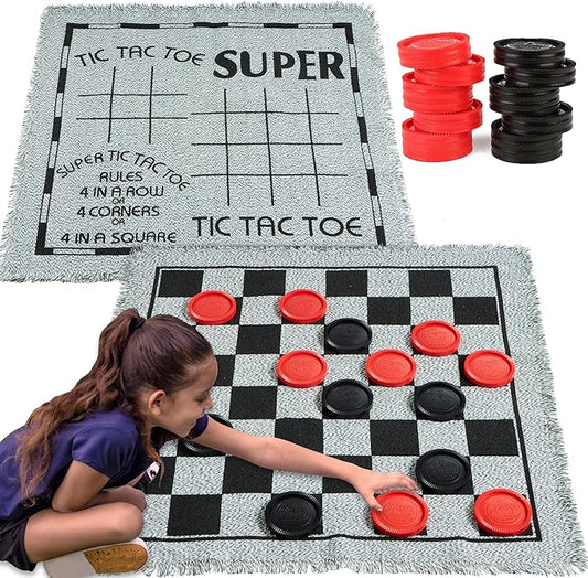 3-in-1 Vintage Giant Checkers, Tic, Tac, Toe, with Reversible Mat, 24 Chips, Family Board Game, Lawn Game, BBQ Party Favor, Indoor and Outdoor Activity for Kids and Adults nirvanaguru