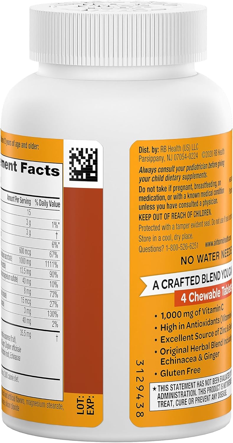 Airborne 1000mg Vitamin C Chewable Tablets with Zinc - Nirvana Guru