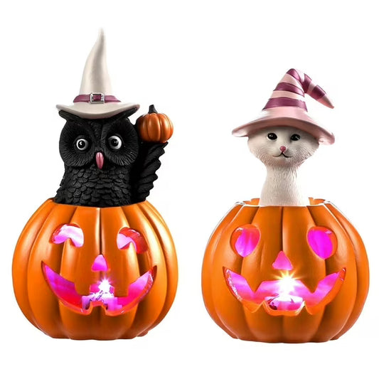 Ayieyill Halloween Figurines Set of 2, Cat and Owl on Pumpkin Decor with LED Lights for Halloween Decorations Indoor nirvanaguru