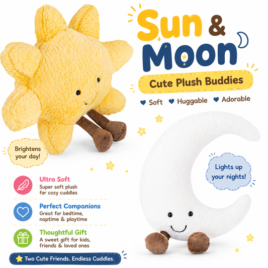 Sun and Moon Plush - Smiling Fun Filled Sun Pillow - 12" Moon and Sunshine Animal Pillow Soft Plush Toy for Children's Birthday Gift (2PCS) Nirvana Guru