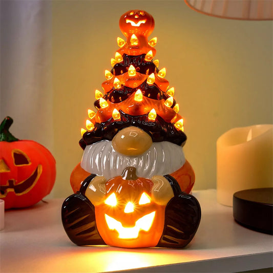 Joyfy 8.5'' Tall Halloween Tabletop Tree Decoration, Pumpkin Gnome Ceramic Tree with Built-in LEDs for Halloween Party Supplies Indoor Decorations nirvanaguru