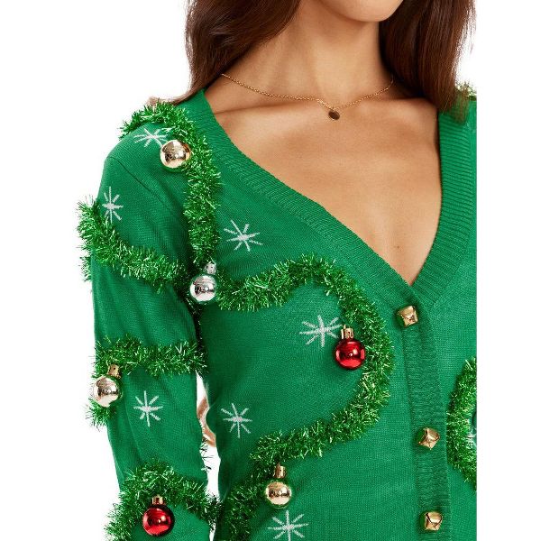 Tipsy Elves Bright Green Gaudy Garland Sweater Dress - Tinsel and Ornamed Christmas Party Dress Women nirvanaguru