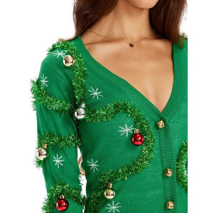 Tipsy Elves Bright Green Gaudy Garland Sweater Dress - Tinsel and Ornamed Christmas Party Dress Women nirvanaguru