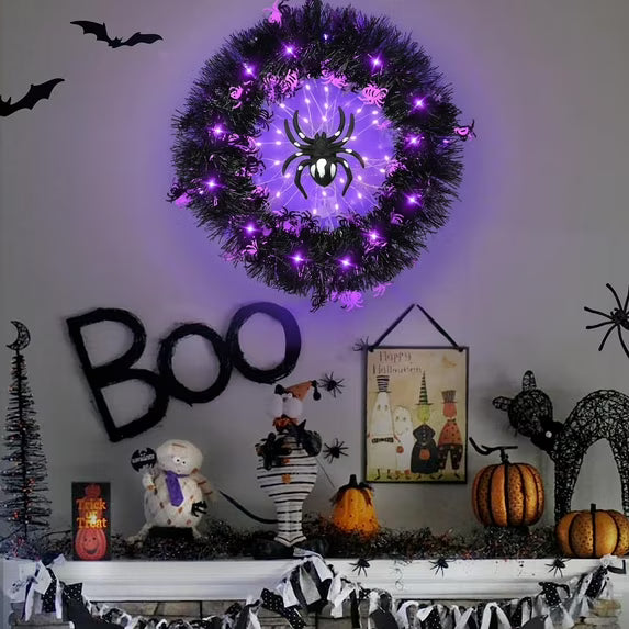 Halloween Wreath Halloween Spider Decorations Wreath with Lights, Halloween Spider Garland LED Halloween Door Wreath for Halloween Party, Halloween Decorations Outdoor Indoor Wall and Window nirvanaguru