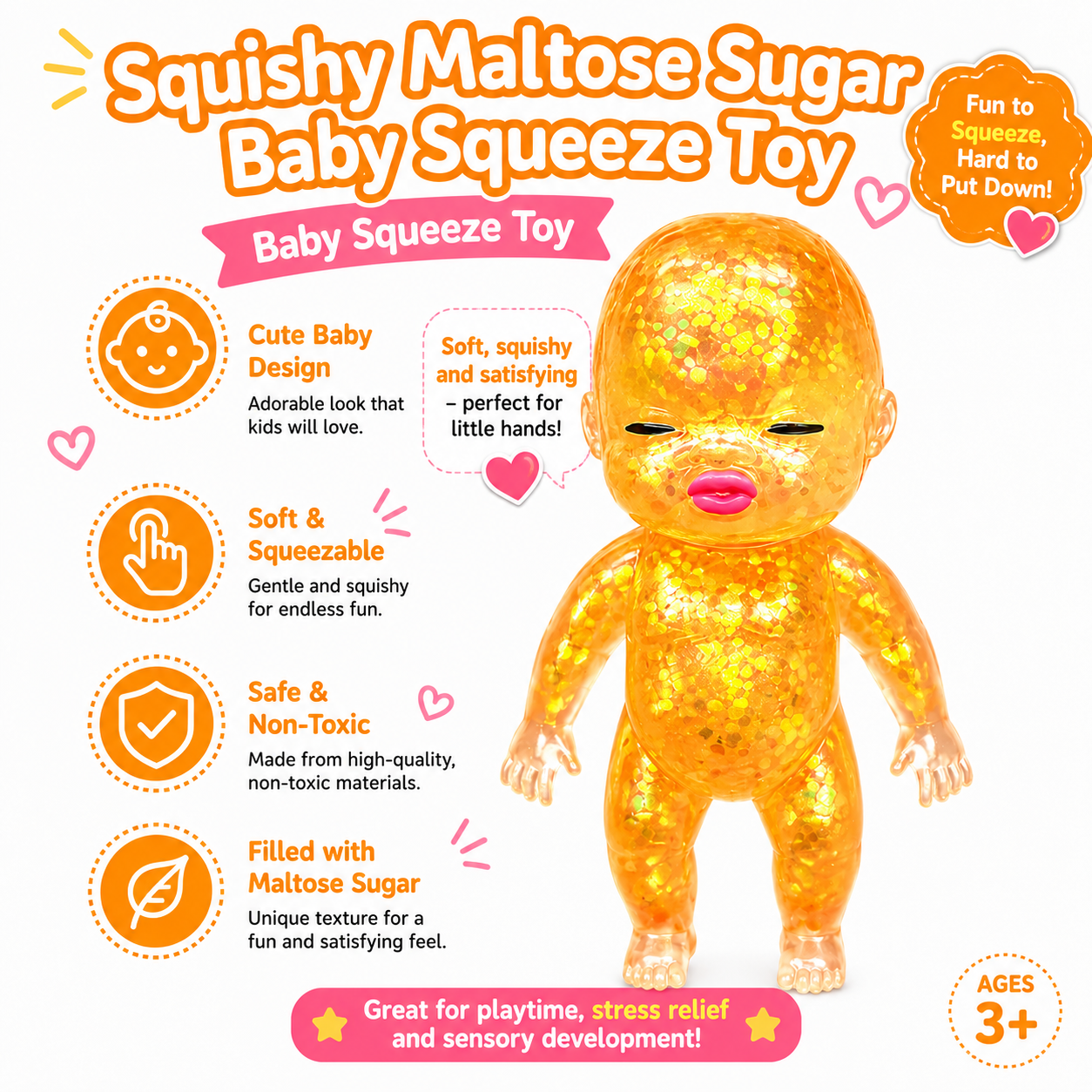 Baby Squishy Oversized Glossy Doll Toy Sparkling Soft Rubber Stress Relief Toy Stress Relief Cute Maltose Doll for Teens and Adults Anxiety Relief Party Gift Nirvana Guru