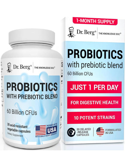 Dr. Berg Probiotic Supplement (60 Billion CFUs) - Helps Ease Occasional Constipation, Diarrhea, Gas & Bloating* - Pre and Probiotics for Digestive Health - 30 Probiotic Capsules - Nirvana Guru