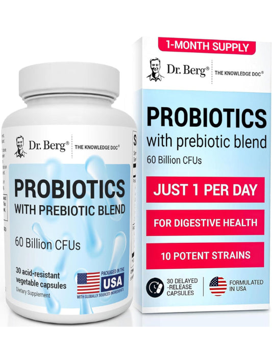 Dr. Berg Probiotic Supplement (60 Billion CFUs) - Helps Ease Occasional Constipation, Diarrhea, Gas & Bloating* - Pre and Probiotics for Digestive Health - 30 Probiotic Capsules - Nirvana Guru