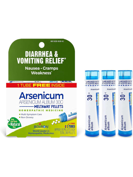 Boiron Arsenicum Album 30C Homeopathic Medicine for Relief from Diarrhea, Nausea, Vomiting, Cramps, and Traveler's Diarrhea - 3 Count (240 Pellets) - Nirvana Guru