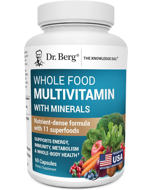 Dr. Berg Whole Food Multivitamin with Minerals - Daily Multivitamin for Men and Women - Includes Premium Whole Food Fruits and Vegetable Blend with Folate, Alpha-lipoic Acid and More - 60 Capsules - Nirvana Guru