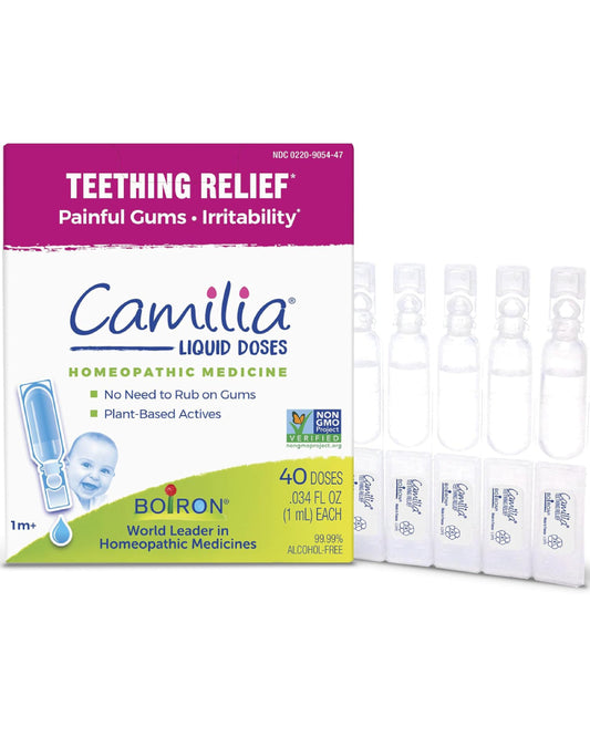 Boiron Camilia Teething Drops for Daytime and Nighttime Relief of Painful or Swollen Gums and Irritability in Babies - 40 Liquid Droppers Bundled in 8 separate packs of 5 - Nirvana Guru