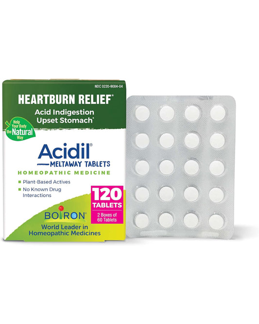 Boiron Acidil for Relief of Acid Reflux, Heartburn, Indigestion, and Upset Stomach (2 Pack of 60) - Nirvana Guru