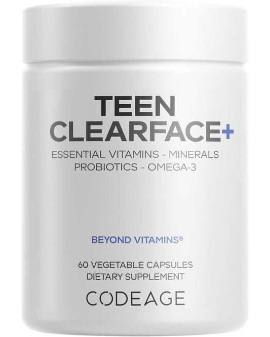 Codeage Teen Clearface Adolescent Face, Skin & Pimples, Vitamins A, C, D3, E, Pantothenic Acid, Niacin, Zinc Supplement Teenagers, Probiotics, L-Lysine, Omega-3, Oily Skin, Pores, Spots - 60 Capsules - Nirvana Guru