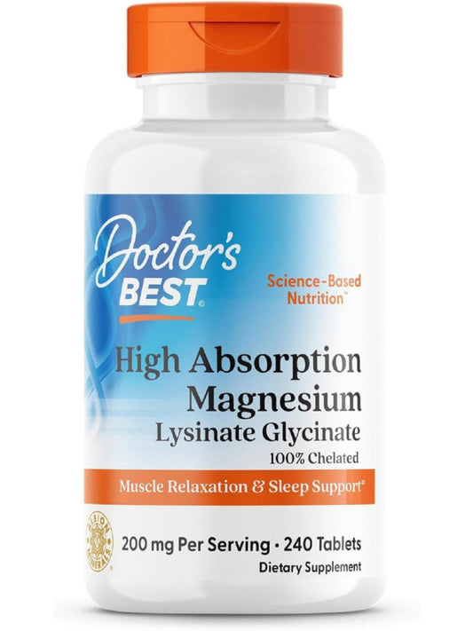 Doctor's Best High Absorption Magnesium Glycinate Lysinate, 100% Chelated, Non-GMO, Vegan, Gluten & Soy Free, 200 mg, 240 Count - Nirvana Guru